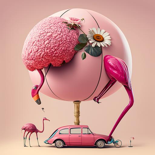 super tall long leg dinosaur flamingo on a classic pink sports car italy, velvet pink bubble balloon, clock, violin huge, and white umbrella flowers and orchids, photography by Maurice Tabard, Giovanni Bragolin , Dali and Dariusz Klimczak surrealism , 8K, HD --v 4