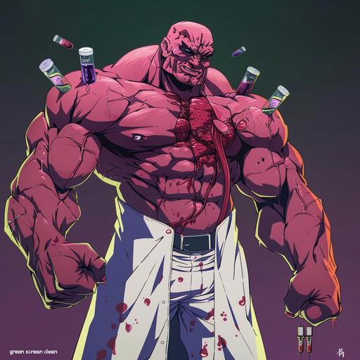 super villian, anime, doctor, evil, angry, anime lines, ruff, tough, ready to fight, Vinicunca belt, muscular, needles and pills, cartoon anime, put him on 