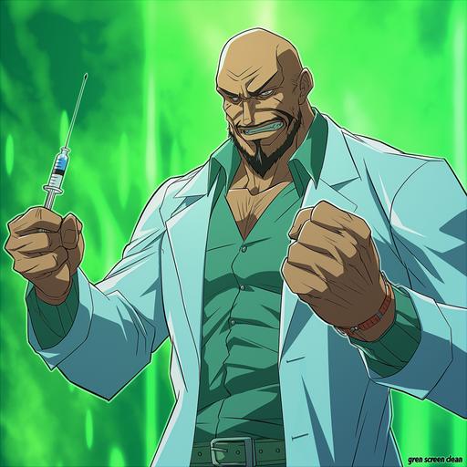 super villian, anime, doctor, evil, angry, anime lines, ruff, tough, ready to fight, Vinicunca belt, muscular, needles and pills, cartoon anime, put him on 