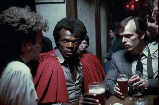 superb Dracula costume worn by Samuel L. Jackson, seen having drinks with friends at a Halloween costume party, 1986, amateur photography --ar 3:2 --v 4 --q 2