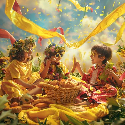 superealistic image with kids playing around in a piknik area dressed with carnival costumes. Carnival theme and flying carnival yellow and fushia streamers around. its spring. put a basket with bread and vegetables on a yellow blanket
