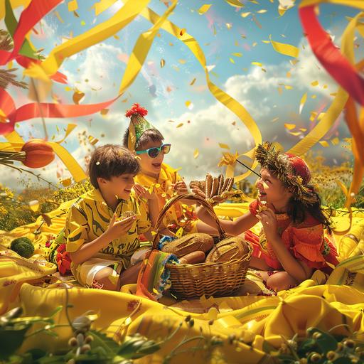 superealistic image with kids playing around in a piknik area dressed with carnival costumes. Carnival theme and flying carnival yellow and fushia streamers around. its spring. put a basket with bread and vegetables on a yellow blanket