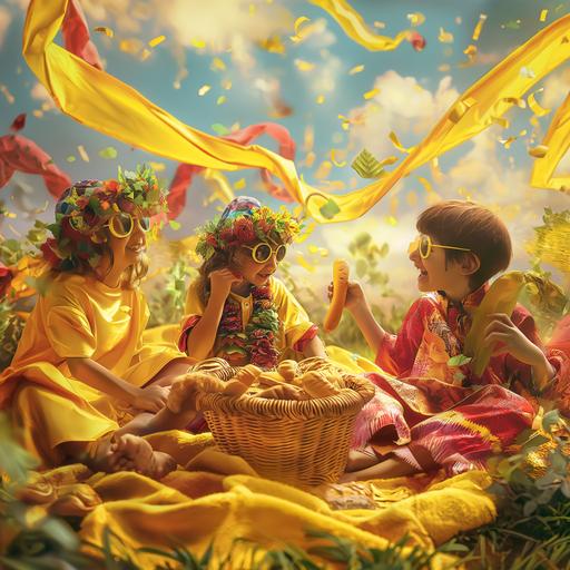 superealistic image with kids playing around in a piknik area dressed with carnival costumes. Carnival theme and flying carnival yellow and fushia streamers around. its spring. put a basket with bread and vegetables on a yellow blanket --v 6.0