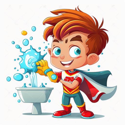 superhero, boy, washing hands, happy, vector, cartoon, white background