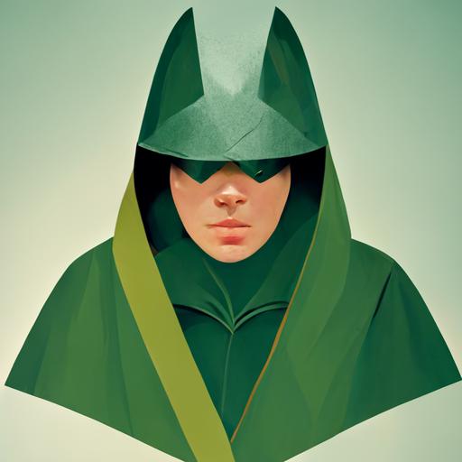 superhero in Robin Hood costume with green cape and hood