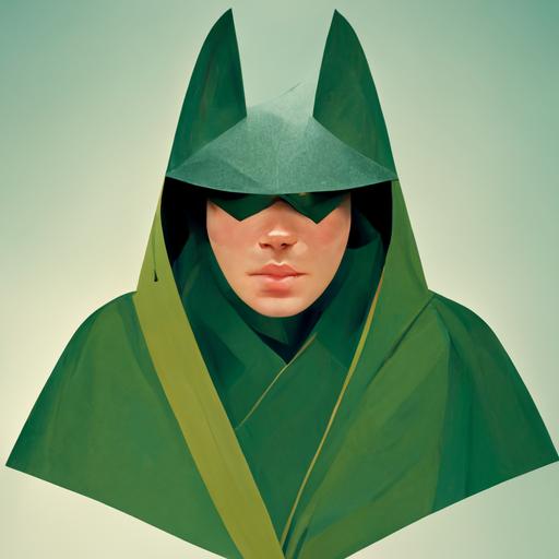 superhero in Robin Hood costume with green cape and hood