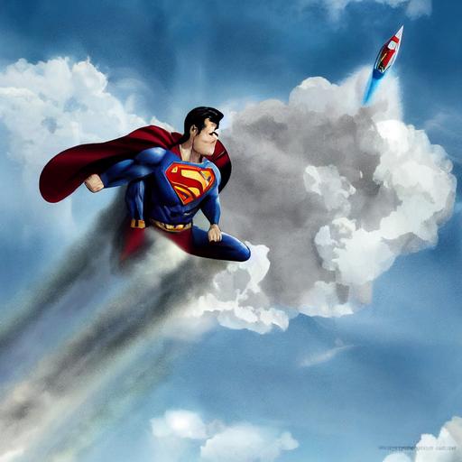 superman flying in clouds, forced perspective, rocket trajectory, high speed flight, upward flight, through the clouds, henry cavill, superman, dc comics, super-sonic flight, clouds, blue sky, man flying in clouds --test --creative --upbeta
