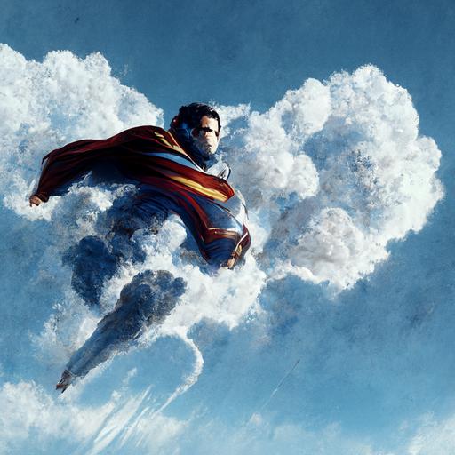 superman flying in clouds, forced perspective, rocket trajectory, high speed flight, upward flight, through the clouds, henry cavill, superman, dc comics, super-sonic flight, clouds, blue sky, man flying in clouds