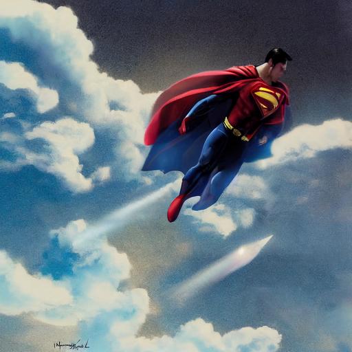 superman flying in clouds, forced perspective, rocket trajectory, high speed flight, upward flight, through the clouds, henry cavill, superman, dc comics, super-sonic flight, clouds, blue sky, man flying in clouds --test --creative --upbeta