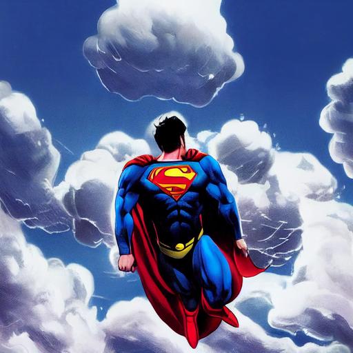 superman flying in clouds, forced perspective, rocket trajectory, high speed flight, upward flight, through the clouds, henry cavill, superman, dc comics, super-sonic flight, clouds, blue sky, man flying in clouds, jim lee, alex ross, george perez --test --creative --upbeta
