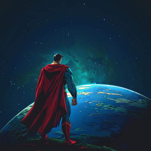 superman from distant back, looking at planet earth in dark cartoon style universe, blue background