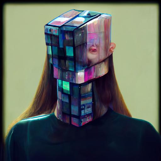 superstar wearing a skimpy Issey Miyake dress::3 she has a cube for a head::4 glitching::3 there's a glitch in the matrix::2 glitchart cube head::2 --no doubles --uplight