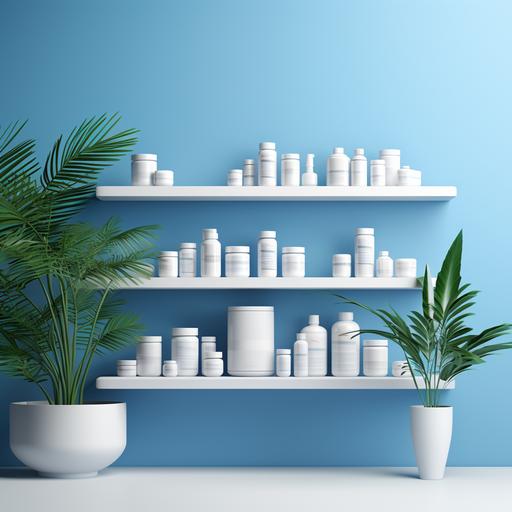 supplements store, white capsule bottles, shelves in the background minimalistic setting, blue and white color for background, advertisement, some plants in the corner, photorrealistic, detailed, 4k, photoshoo