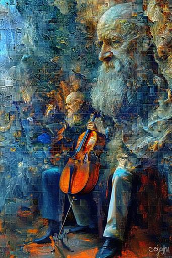 sureal cello player, sureal abstraction, colorful frequencies, chemigram, citrine, embers, epoxy, fractal, cloisonnism, colorful collages, cyberdelic, dynamic pose, expressionism, geometric painting, funkypop, glow in the dark, glowing neon, glowing partical effects, gold leaf art --chaos 99 --s 250 --v 6.0 --ar 2:3