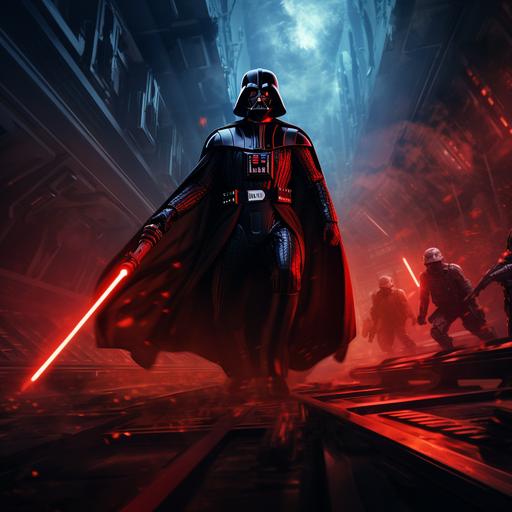 sureal perspective darth vader coming down a coridor with a red lightsaber, on a rebel ship
