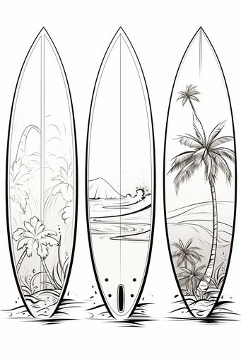 surfboard. cartoon. colouring book. black and white. simple design. 3 simple images on the board --ar 2:3
