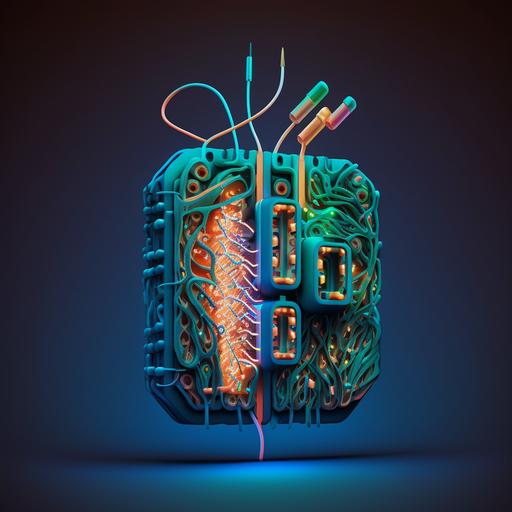 surgical tool scaple made from circuit boards micro chips and glowing neon cables in green orange blue and pink photo realistic dark moody lighting on blue background