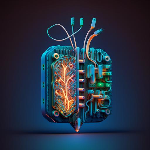 surgical tool scaple made from circuit boards micro chips and glowing neon cables in green orange blue and pink photo realistic dark moody lighting on blue background