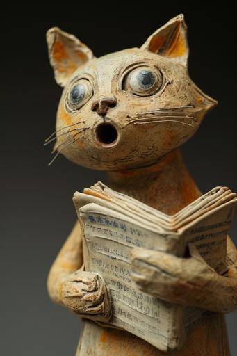 surprised looking cat holding files, made out of stoneware --ar 2:3 --v 6.0