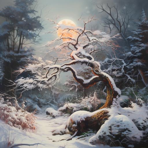 surreal Christmas tree branch in the snow, oil painting, snowy forest environment