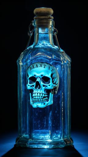 surreal Modern Dishwashing liquid in antique pre-1900 blue glass poison bottle. Death head stamp. Fluted edges. Patina. Flat luminous backlighting. 8K. --ar 9:16
