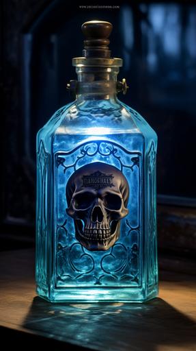 surreal Modern Dishwashing liquid in antique pre-1900 blue glass poison bottle. Death head stamp. Fluted edges. Patina. Flat luminous backlighting. 8K. --ar 9:16