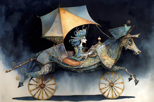 surreal abstract, interesting dynamic view of strange queen in a royal horsedrawn carrage, by Salvador Dali by Paul Klee by Tim Burton, watercolour, patchwork, , exquisite ornate, meticulously intricate details, highly detailed hyper-realistic photorealistic, no text, no watermark, no signature, no copyright, --ar 3:2 --v 4 --q 2 --s 150 --chaos 20