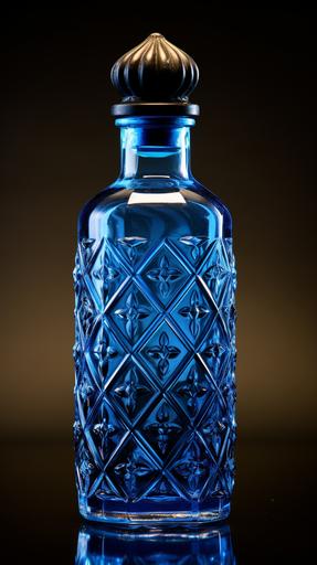 surreal antique pre-1900 cobolt blue glass poison bottle. embossed. quilted surface treatment. decorative toppers. Fluted edges. Patina. Flat luminous backlighting. 8K. exceptional detail --ar 9:16