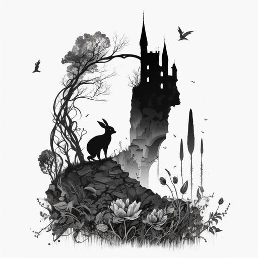 surreal castle abstract, silhouette, minimal illustration, highly detailed realism, graphic, black and white, long slender black rabbit, virgo, libra, tarot, chromatic morning glory flowers, abstract, tattoo, white background