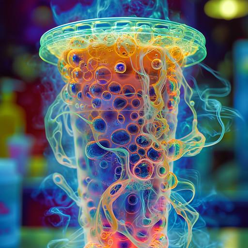 surreal dangerous high tech experiment using high powered photonegative refractograph beam energy, diffraction interference patterns, caustics, surreal, juxtaposition of powerful danger and oblivious play in boba tea --chaos 33 --ar 1:1 --stylize 333 --v 6.0