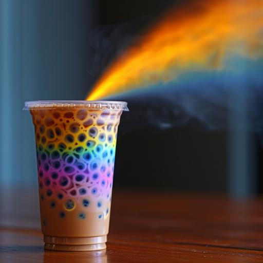 surreal dangerous high tech experiment using high powered photonegative refractograph beam energy, diffraction interference patterns, caustics, surreal, juxtaposition of powerful danger and oblivious play in boba tea --chaos 33 --ar 1:1 --stylize 333 --v 6.0