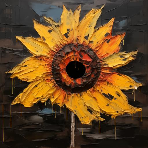 surreal dead sunflower with sad face on disk flower portion of sunflower abstract oil painting