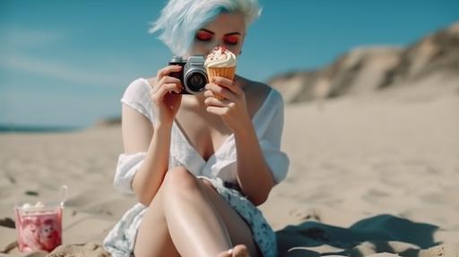 surreal detailed - full body of woman in afternoon eating ice cream with her feet, she is sitting on a photo camera, slightly smiling red lips blue hair, she is bathed in ice cream- sunny beach background - cinematic --v 5 --q 2 --s 750 --ar 16:9