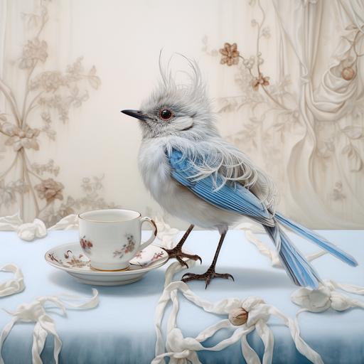 surreal fairy wren with antlers growing from its head sitting on a white lace tablecloth