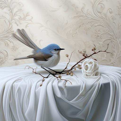 surreal fairy wren with antlers growing from its head sitting on a white lace tablecloth