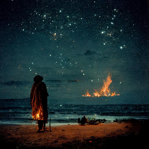 surreal, far away love, Tropic of Cancer constellation, a beach at night with homeless shaman in front of fire