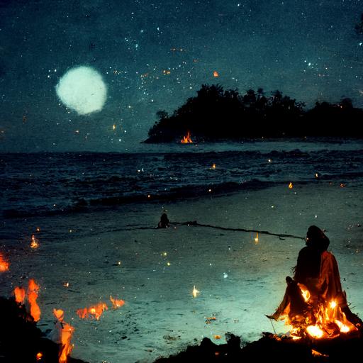 surreal, far away love, Tropic of Cancer constellation, a beach at night with homeless shaman in front of fire