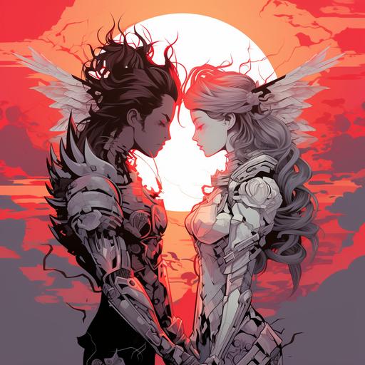 surreal female angel and male devil kissing anime style affliction