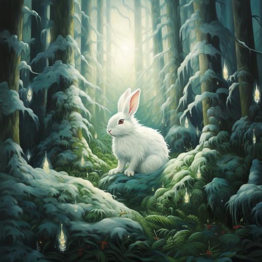 surreal fluffy white rabbit in the snowy green fir forest, oil painting