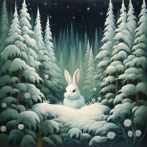 surreal fluffy white rabbit in the snowy green fir forest, oil painting