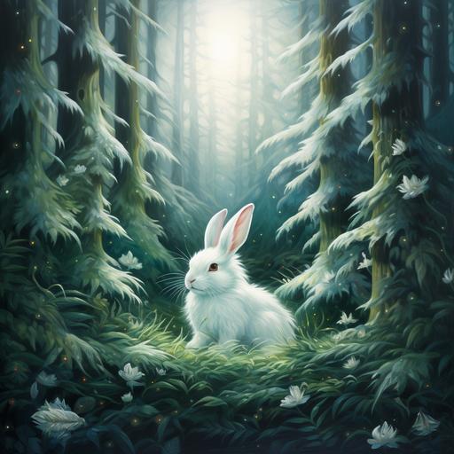 surreal fluffy white rabbit in the snowy green fir forest, oil painting