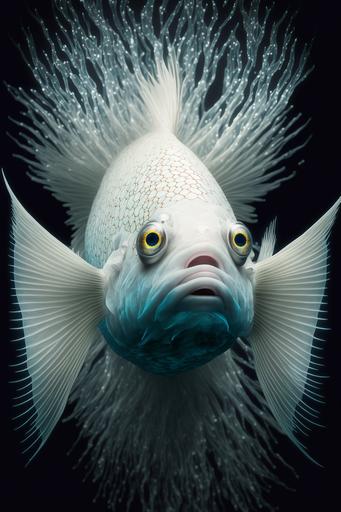 surreal full body of albino fish anthropomorphic fish with blue eyes in the water travelling --ar 2:3 --v 4 --uplight
