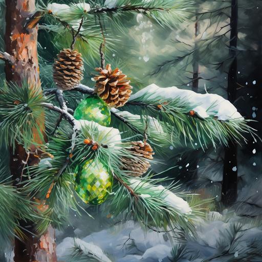 surreal green pine tree branch decorated with Christmas decorations in the snow, snowy forest environment, oil painting