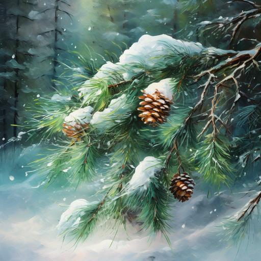 surreal green pine tree branch decorated with Christmas decorations in the snow, snowy forest environment, oil painting