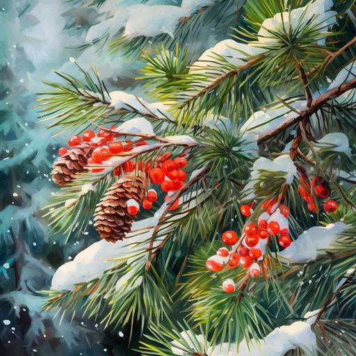 surreal green pine tree branch decorated with Christmas decorations and red berries in the snow, snowy forest environment, oil painting
