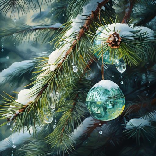 surreal green pine tree branch decorated with Christmas balls in the snow, snowy forest environment, oil painting