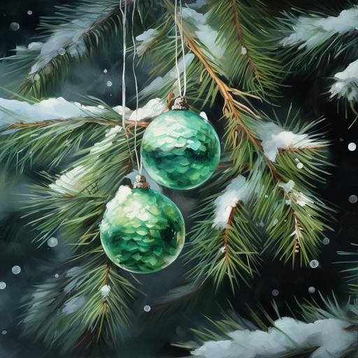 surreal green pine tree branch decorated with Christmas balls in the snow, snowy forest environment, oil painting