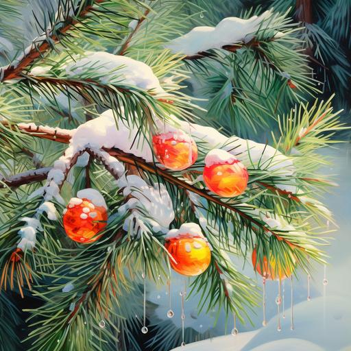 surreal green pine tree branch decorated with red and yellow Christmas balls in the snow, snowy forest environment, oil painting