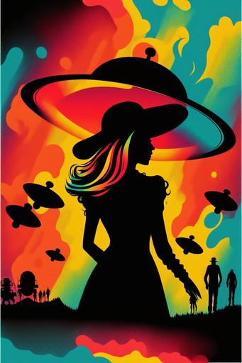 surreal groovy retro 70s style and color palette cosmic cowgirl silhouette ufo poster --v 4 --ar 2:3 --uplight