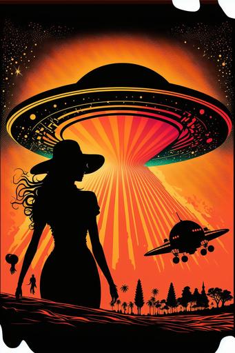 surreal groovy retro 70s style and color palette cosmic cowgirl silhouette ufo poster --v 4 --ar 2:3 --uplight